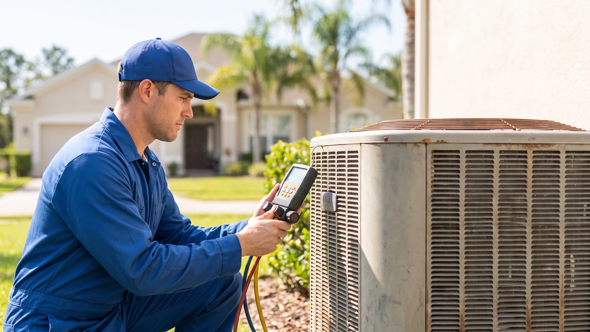 Technician repairing a residential air conditioning system