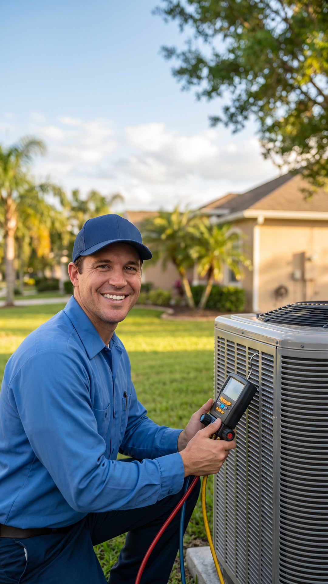 HVAC technician servicing a residential air conditioning unit